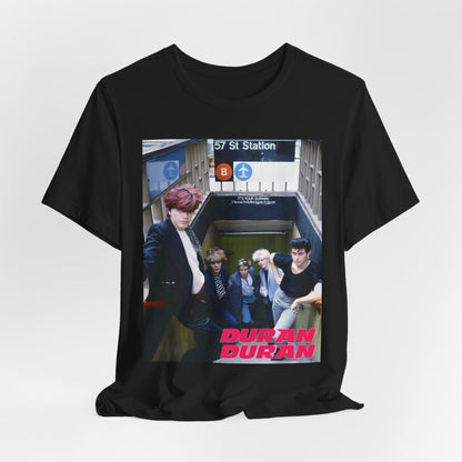 A black graphic t-shirt featuring an 80s photo of Duran Duran in a subway station.