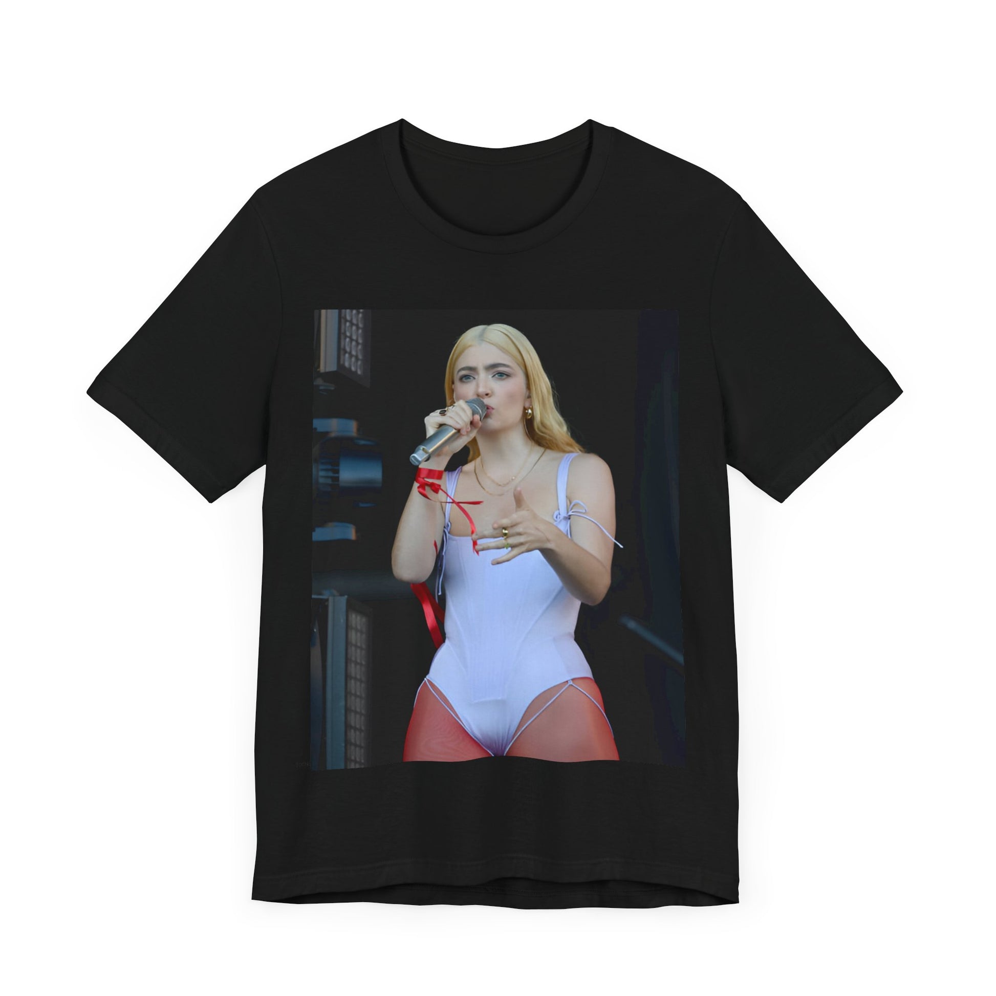A black graphic t-shirt featuring a graphic or photo of Lorde performing on stage in a cool alternative music style.