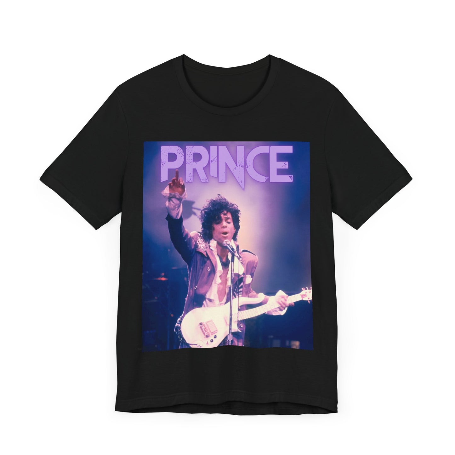 A black graphic t-shirt featuring a retro graphic related to Prince's 'Purple Rain' album era.