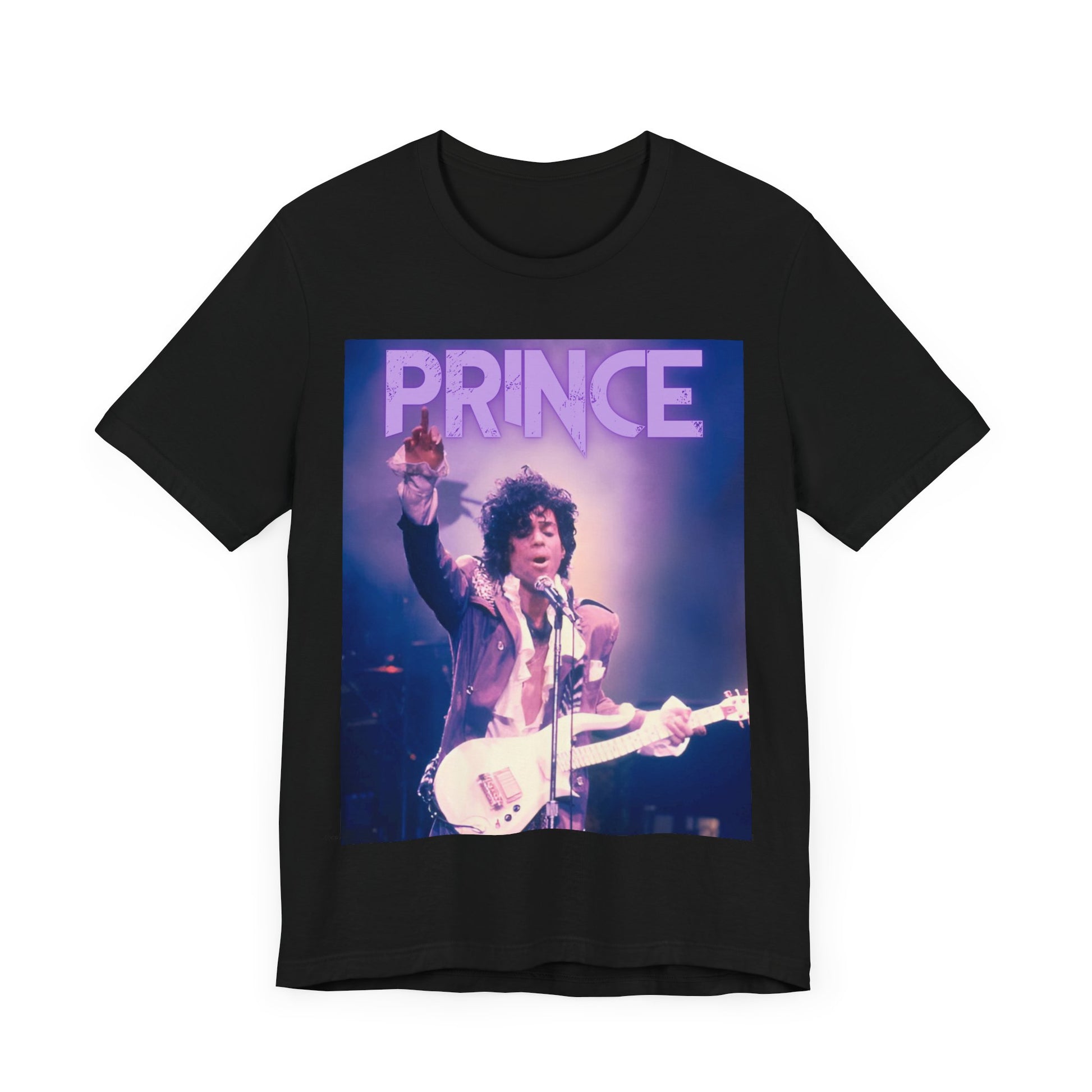 A black graphic t-shirt featuring a retro graphic related to Prince's 'Purple Rain' album era.