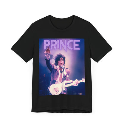 A black graphic t-shirt featuring a retro graphic related to Prince's 'Purple Rain' album era.
