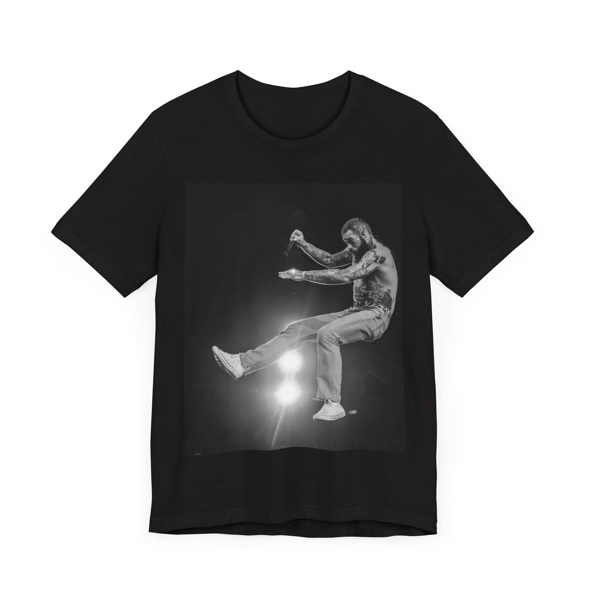 A black graphic t-shirt featuring a vintage graphic or photo of Post Malone performing live.