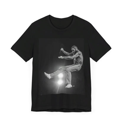 A black graphic t-shirt featuring a vintage graphic or photo of Post Malone performing live.