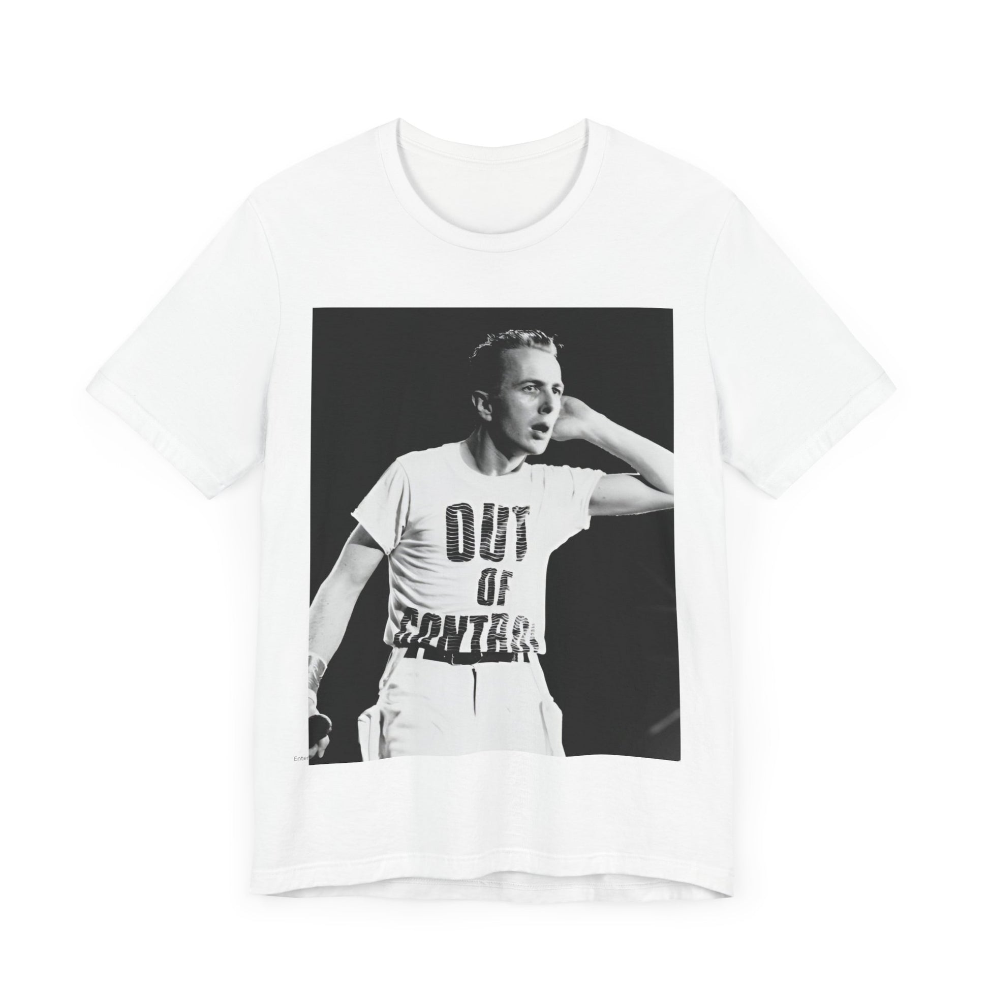 A black graphic t-shirt featuring a black and white graphic or photo portrait of Joe Strummer from The Clash.