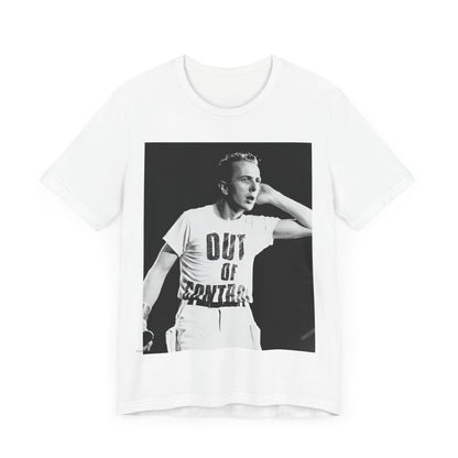 A black graphic t-shirt featuring a black and white graphic or photo portrait of Joe Strummer from The Clash.