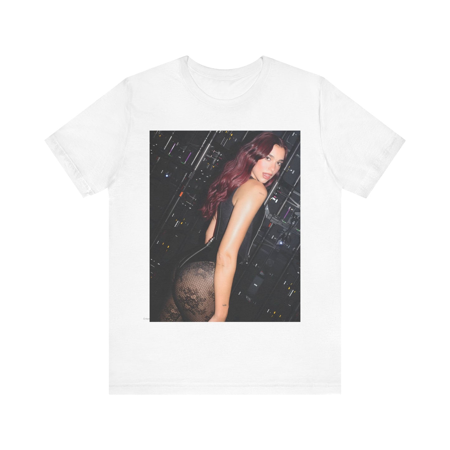 A black graphic t-shirt featuring a graphic related to Dua Lipa's "Houdini" new era.