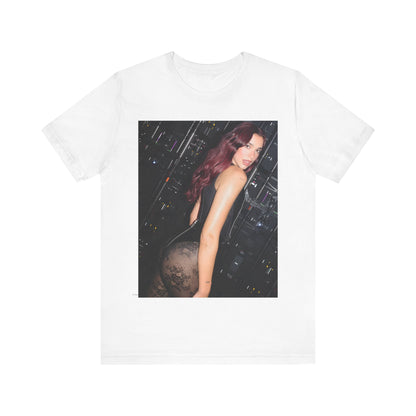 A black graphic t-shirt featuring a graphic related to Dua Lipa's "Houdini" new era.