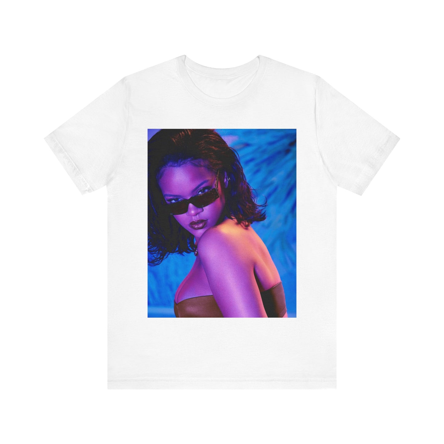 A black graphic t-shirt featuring a retro graphic related to Rihanna's 'Umbrella' song or era.