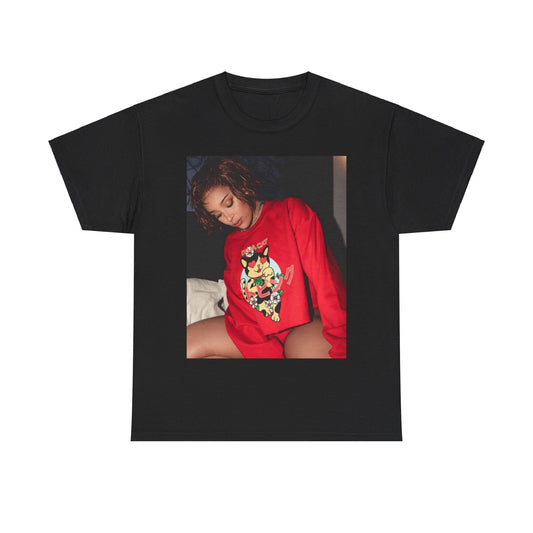 A black graphic t-shirt featuring a graphic of Doja Cat as a style icon.