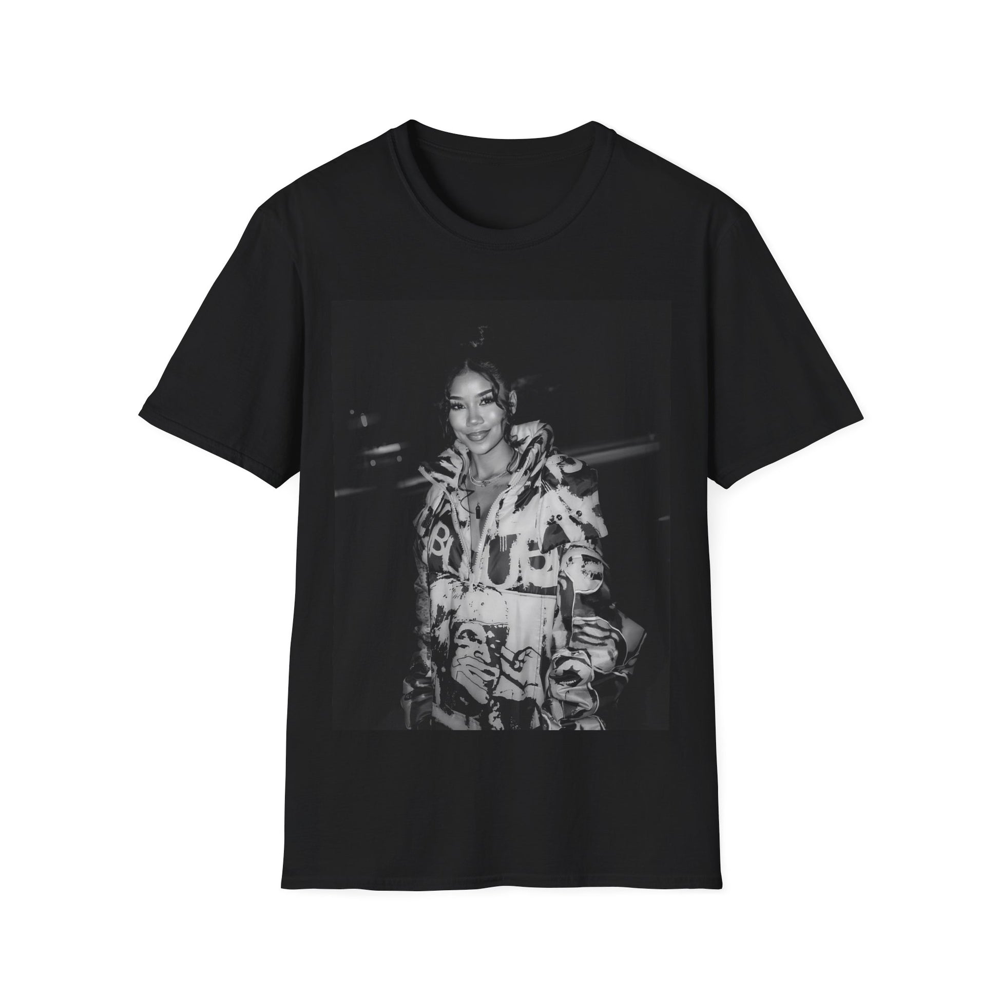A black graphic t-shirt featuring a classic black and white photo portrait of Jhene Aiko.