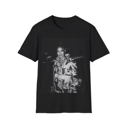 A black graphic t-shirt featuring a classic black and white photo portrait of Jhene Aiko.