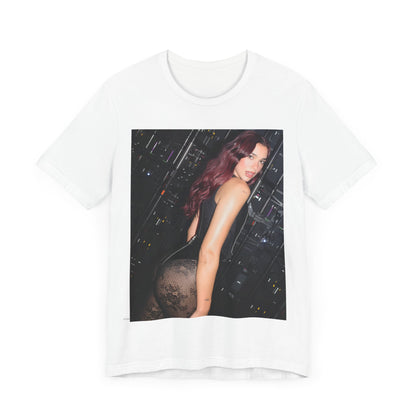 A black graphic t-shirt featuring a graphic related to Dua Lipa's "Houdini" new era.