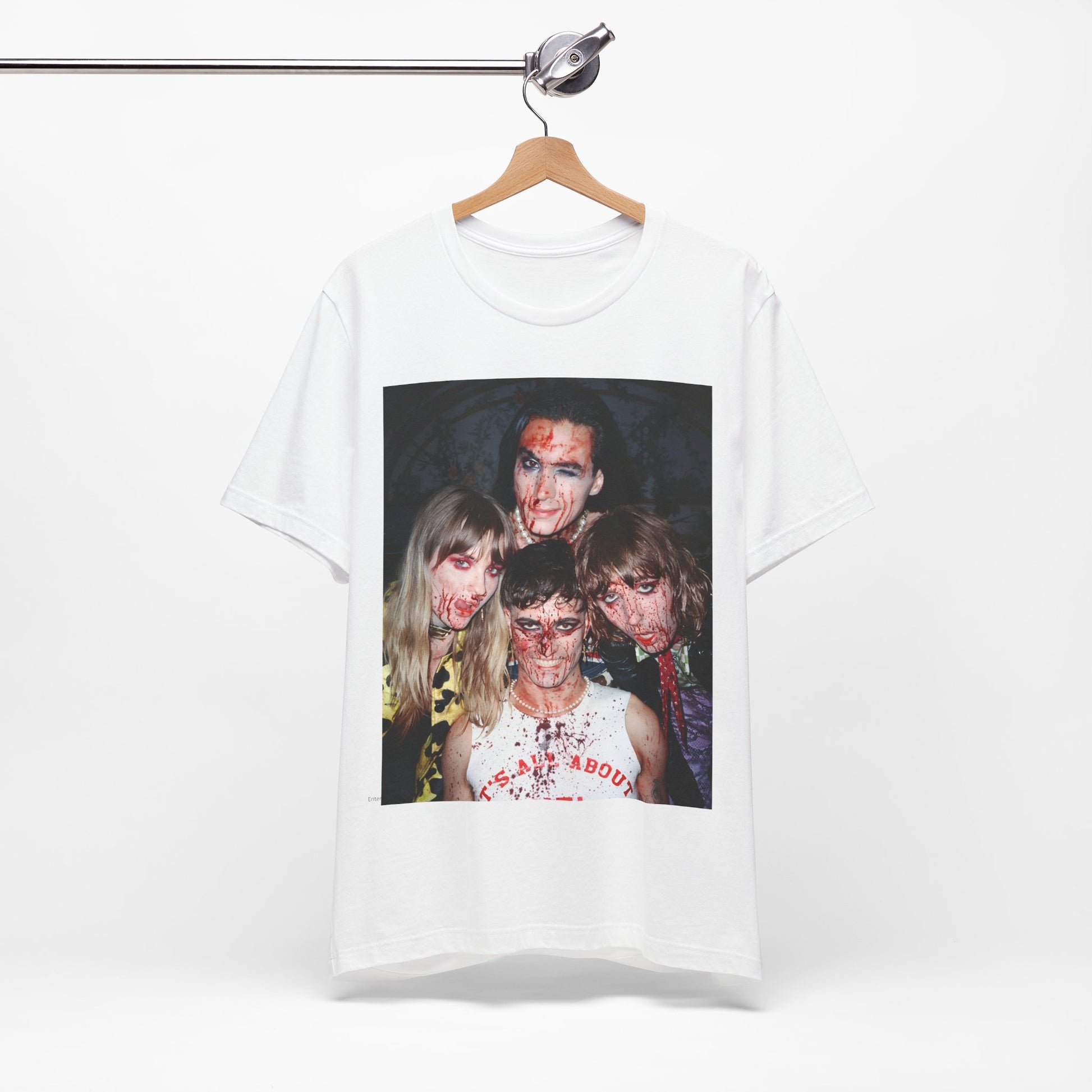 A black graphic t-shirt featuring a graphic of Maneskin celebrating their Eurovision win.