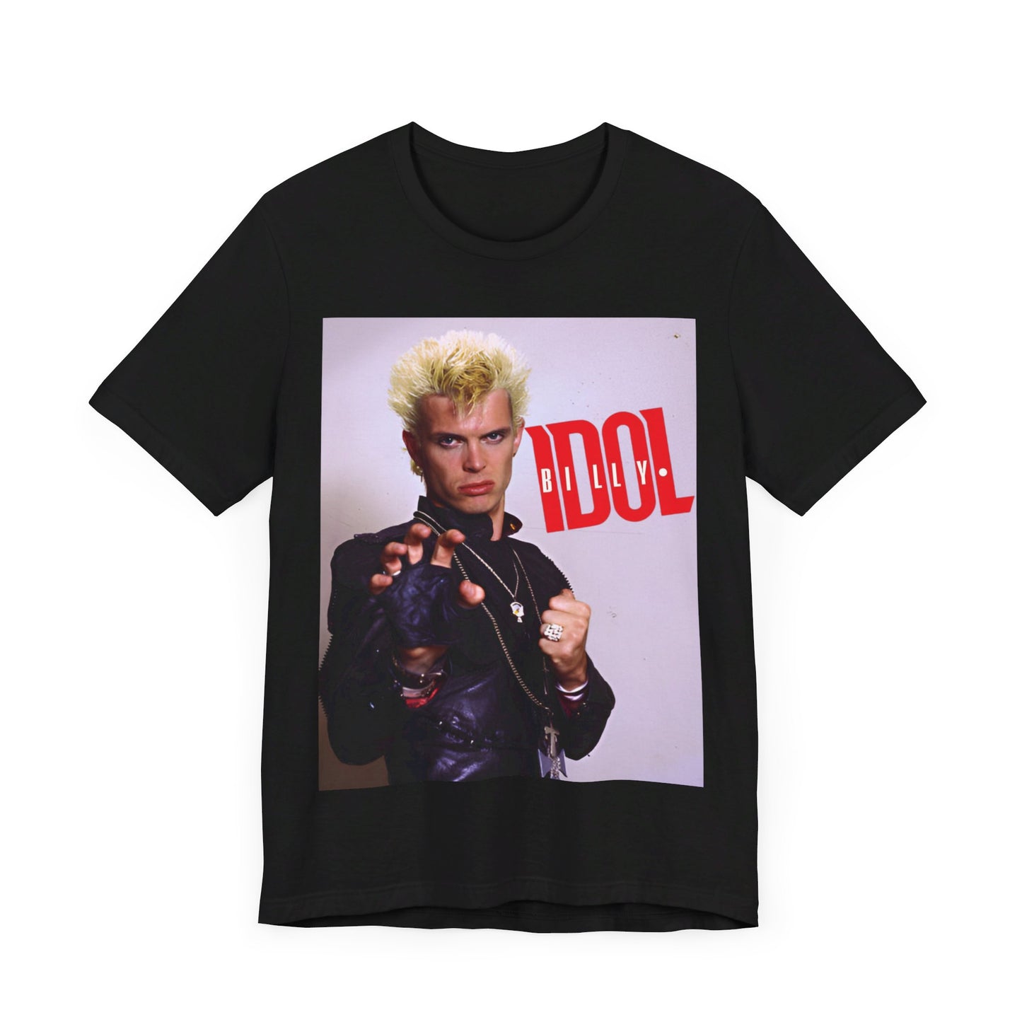 A black graphic t-shirt featuring a graphic of Billy Idol in an iconic rock pose from the 1980s.