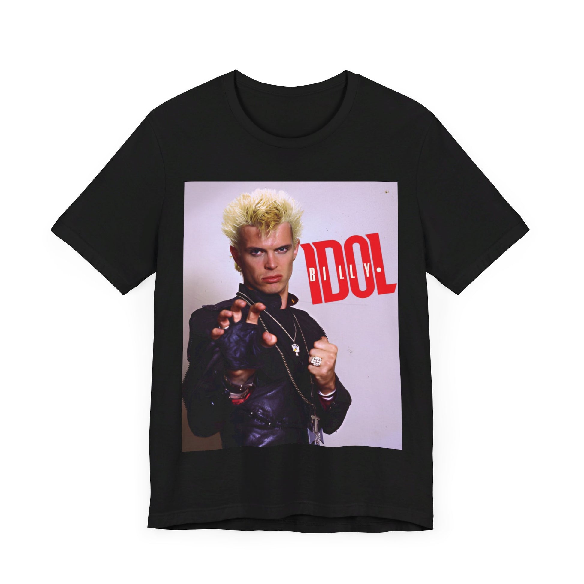 A black graphic t-shirt featuring a graphic of Billy Idol in an iconic rock pose from the 1980s.