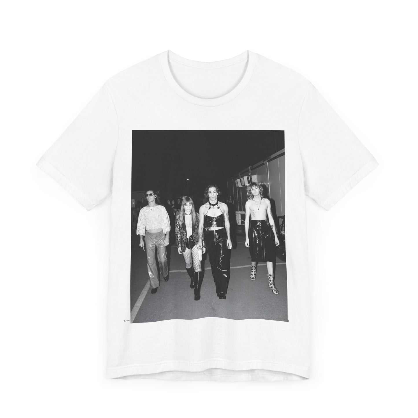 A black graphic t-shirt featuring a black and white, monochrome graphic or photo of Maneskin.