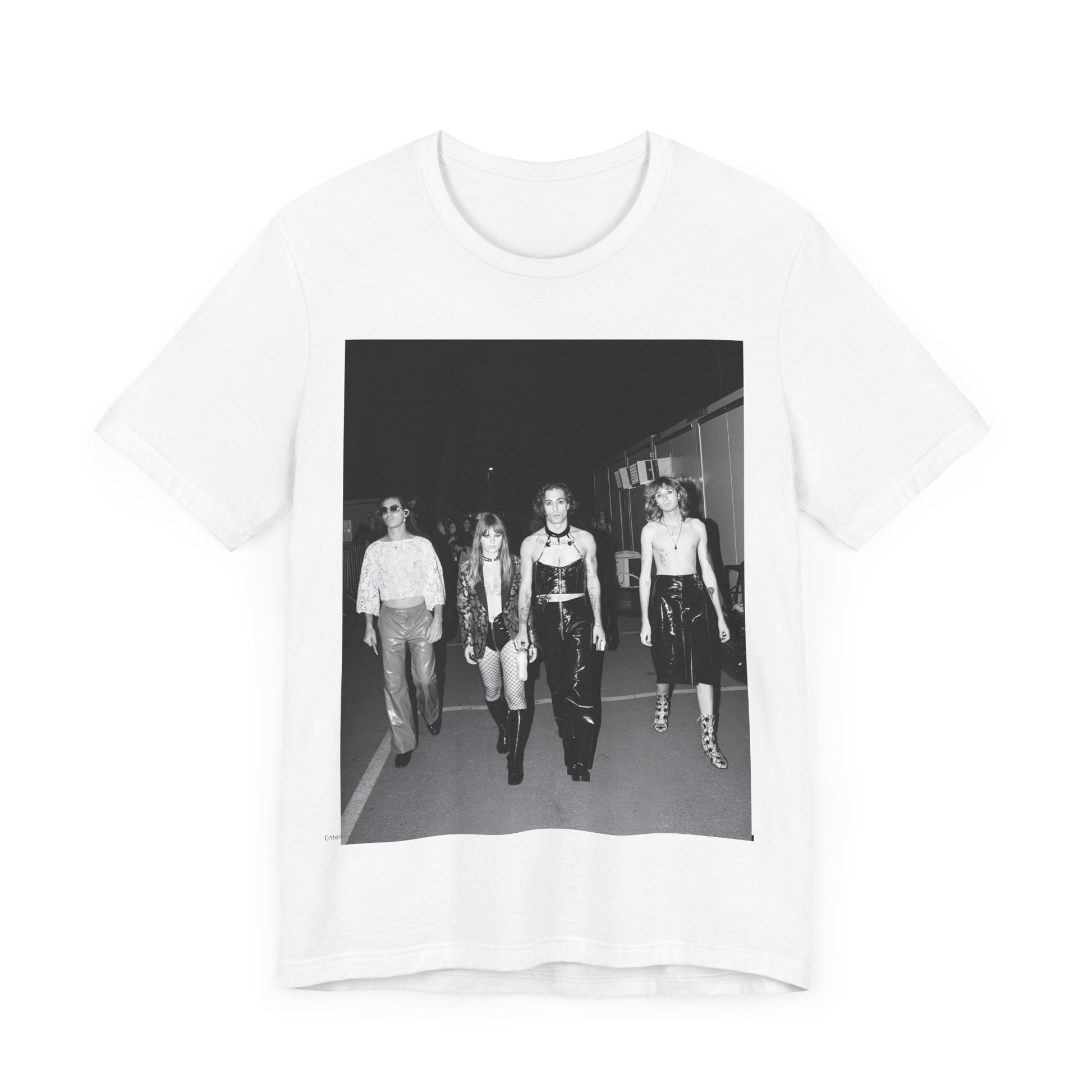 A black graphic t-shirt featuring a black and white, monochrome graphic or photo of Maneskin.