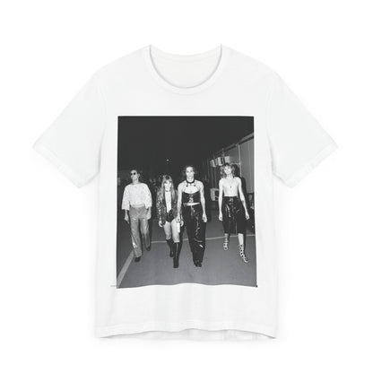 A black graphic t-shirt featuring a black and white, monochrome graphic or photo of Maneskin.