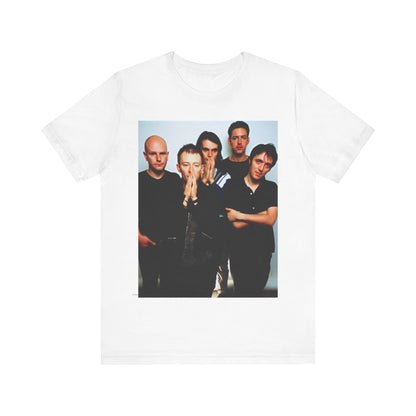 A black graphic t-shirt featuring a bold alt rock superstar graphic of Radiohead.