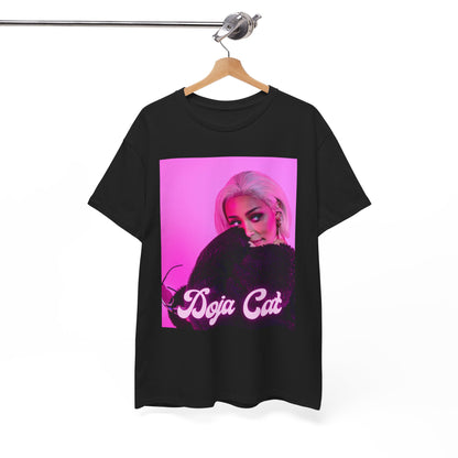 A black graphic t-shirt featuring a vintage Y2K pop aesthetic graphic of Doja Cat.
