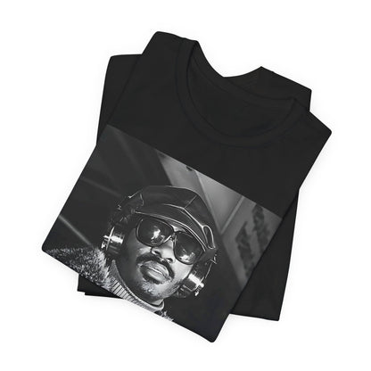 A black graphic t-shirt featuring a 70s black and white graphic of Stevie Wonder as a Motown legend.