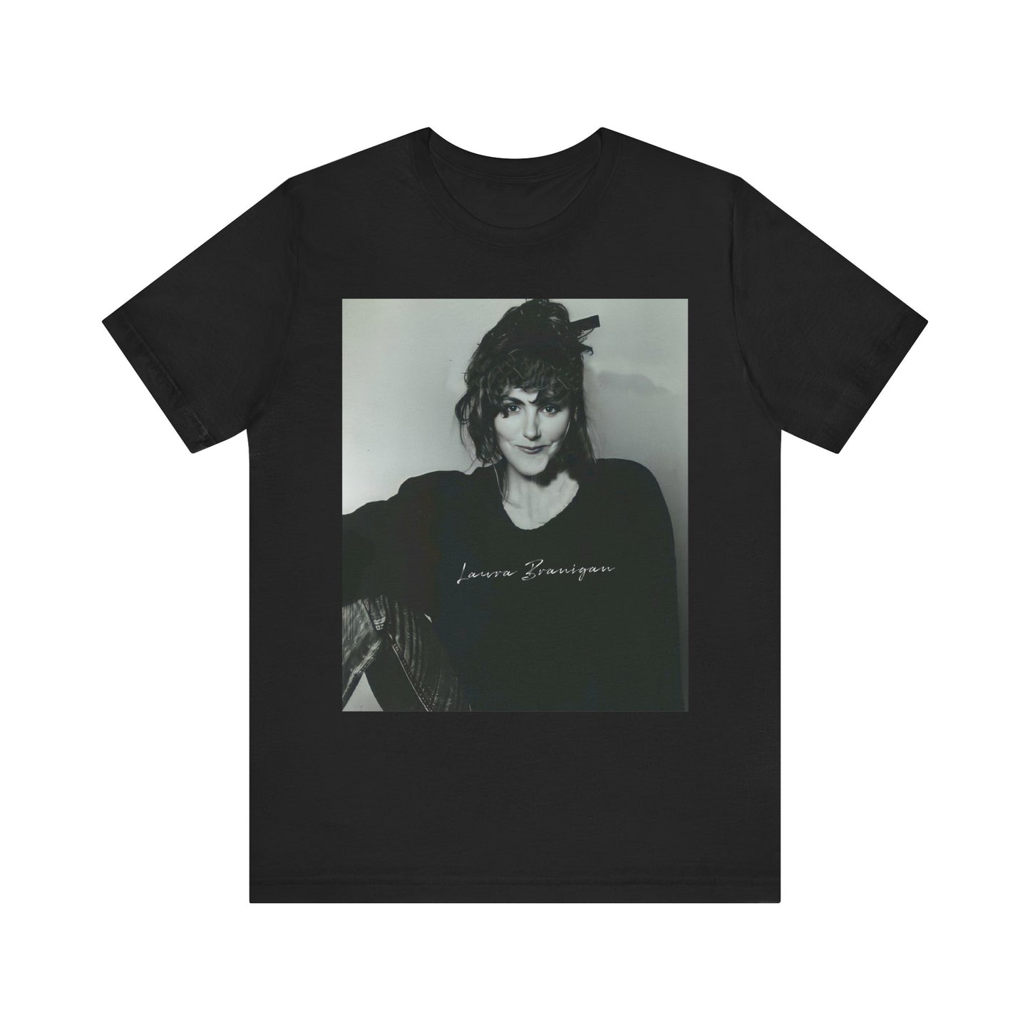 A black graphic t-shirt featuring a casual 80s pop fan graphic of Laura Branigan.