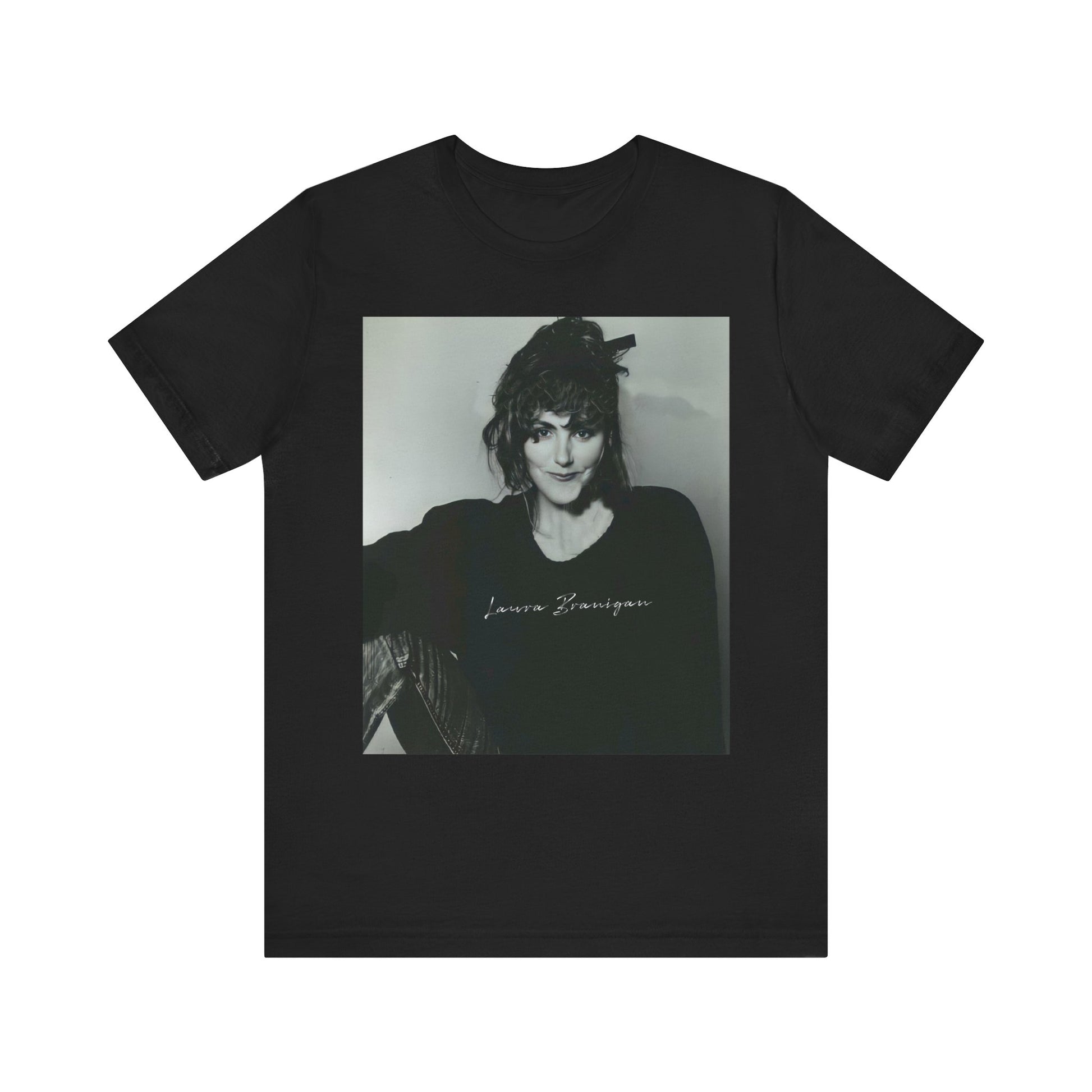 A black graphic t-shirt featuring a casual 80s pop fan graphic of Laura Branigan.