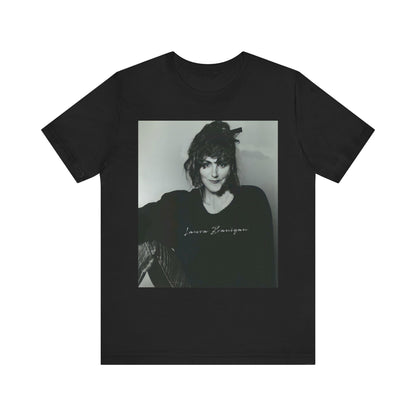 A black graphic t-shirt featuring a casual 80s pop fan graphic of Laura Branigan.