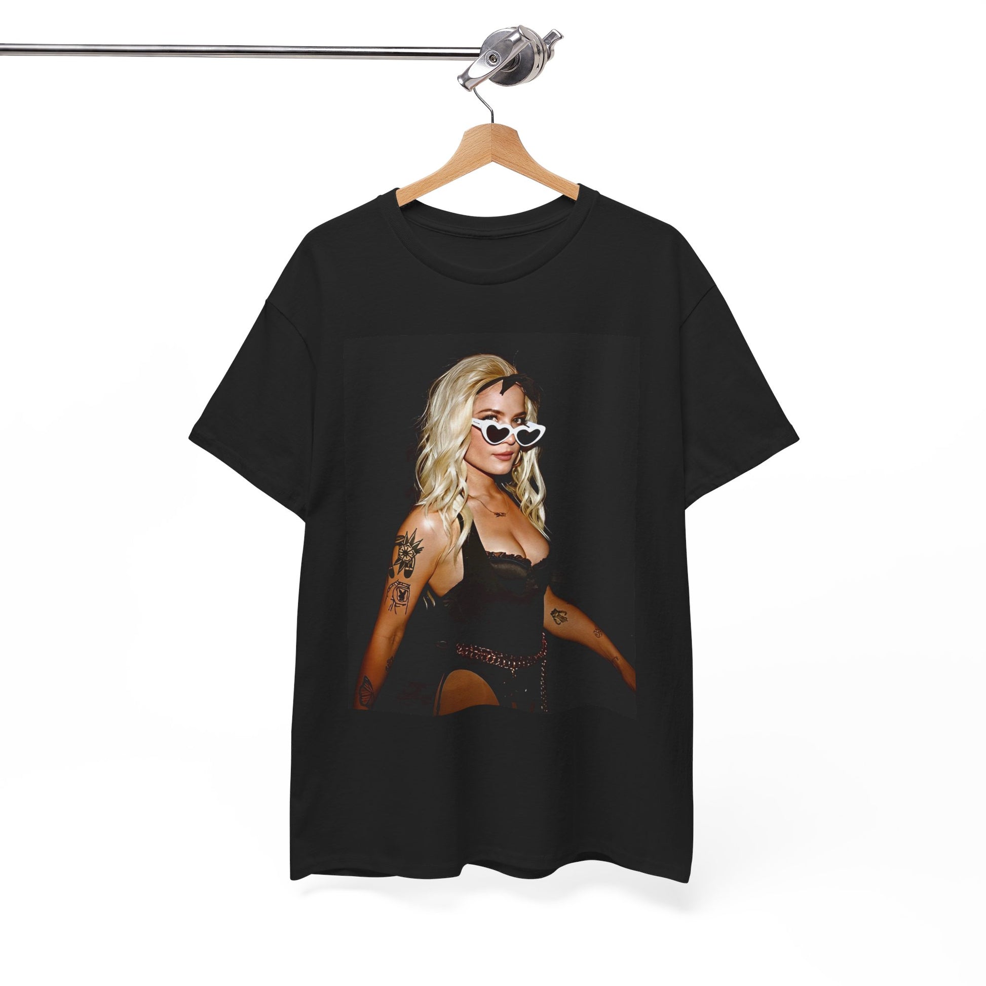 A black graphic t-shirt featuring a stylized graphic of Halsey as a modern pop icon.