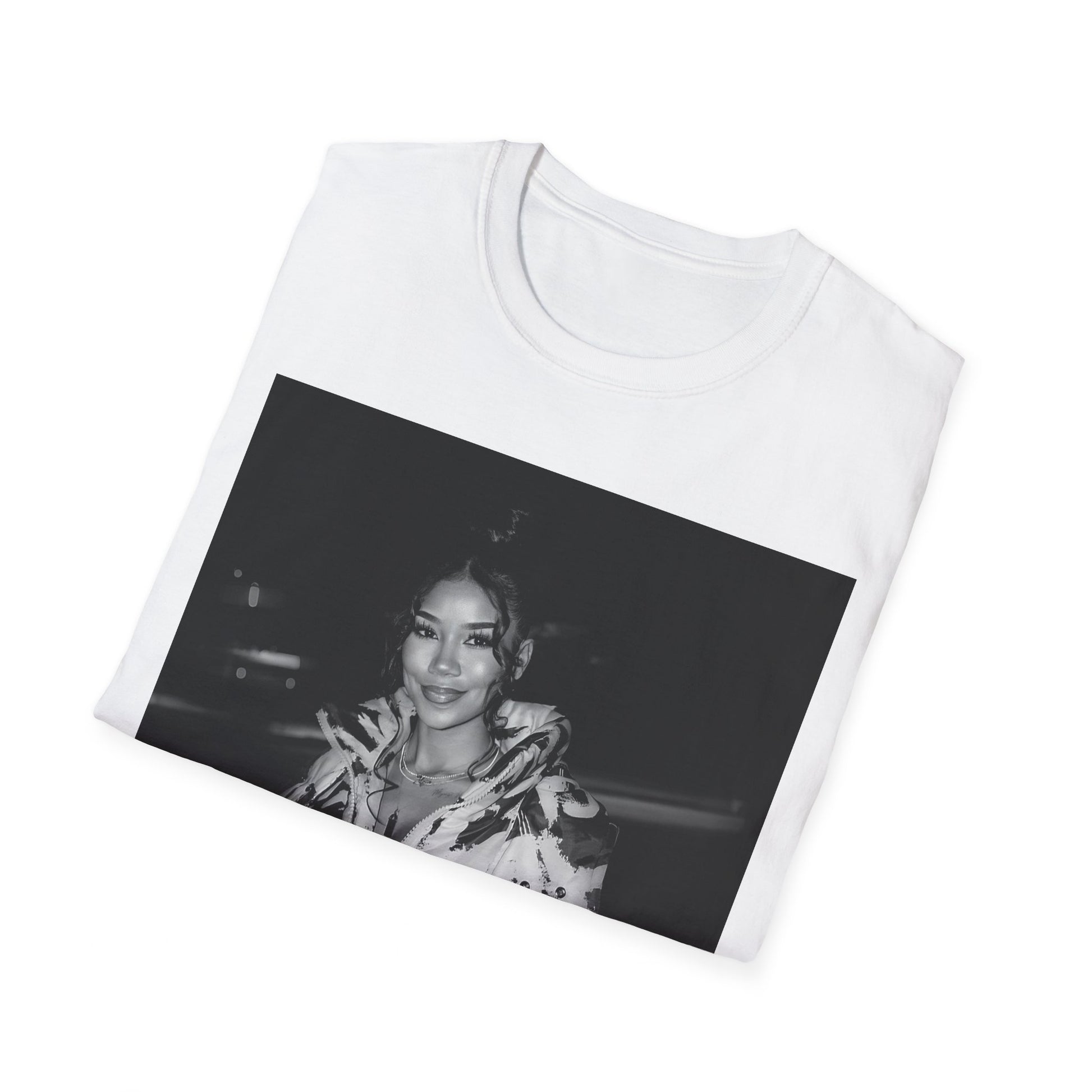 A black graphic t-shirt featuring a classic black and white photo portrait of Jhene Aiko.