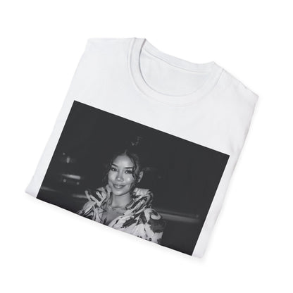 A black graphic t-shirt featuring a classic black and white photo portrait of Jhene Aiko.