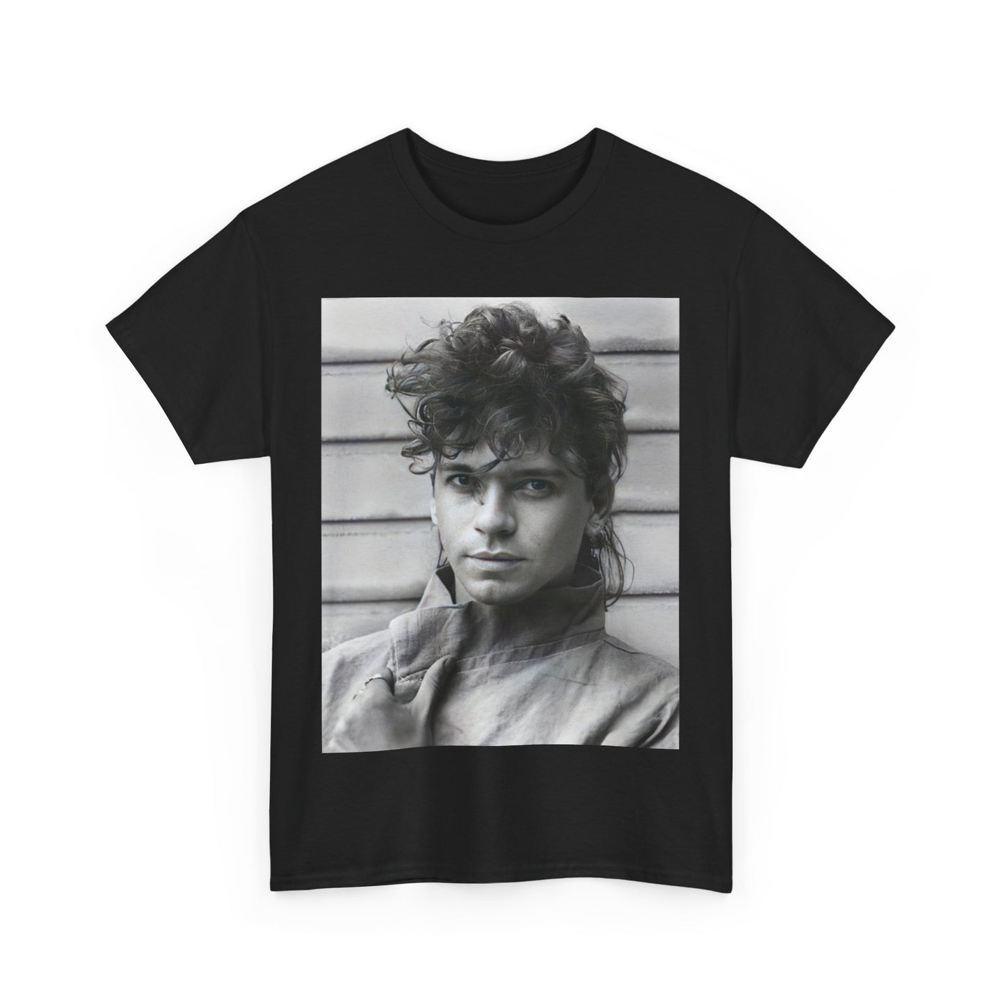 A black graphic t-shirt featuring a retro black and white graphic or photo of Michael Hutchence from INXS.