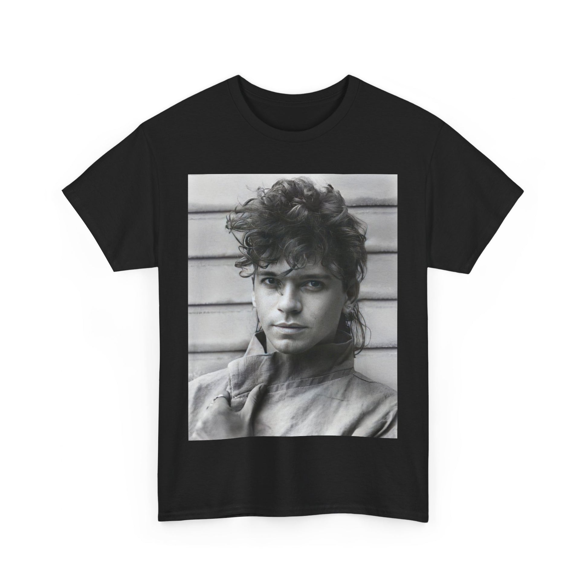 A black graphic t-shirt featuring a retro black and white graphic or photo of Michael Hutchence from INXS.