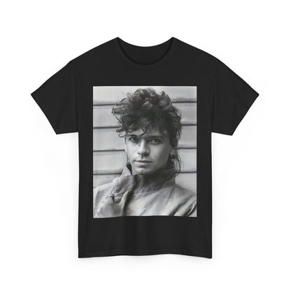 A black graphic t-shirt featuring a retro black and white graphic or photo of Michael Hutchence from INXS.