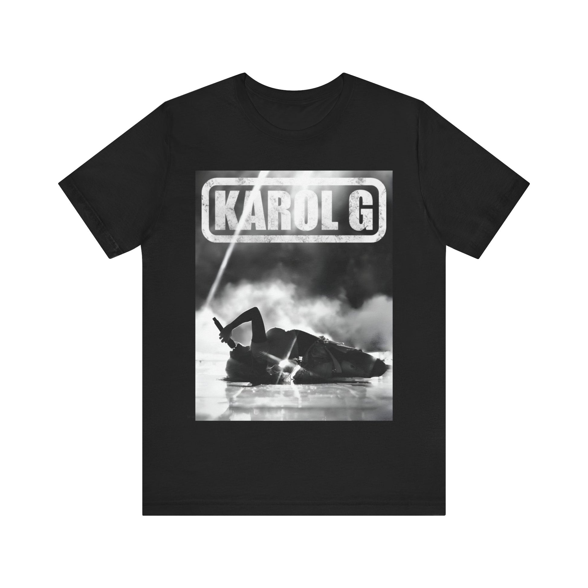 A black graphic t-shirt featuring a black and white graphic or photo of Karol G performing live on stage.