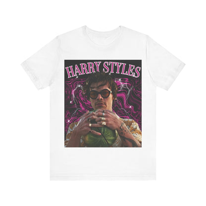 A black graphic t-shirt featuring a bootleg-style pop graphic of Harry Styles.