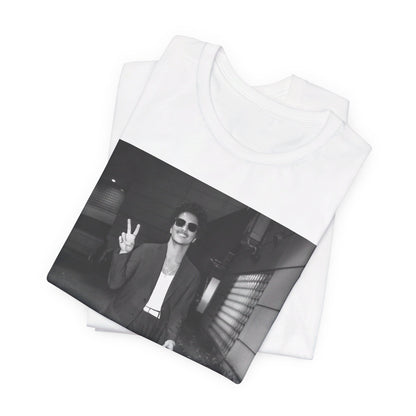 A black graphic t-shirt featuring a black and white graphic or photo of Bruno Mars in a backstage setting.