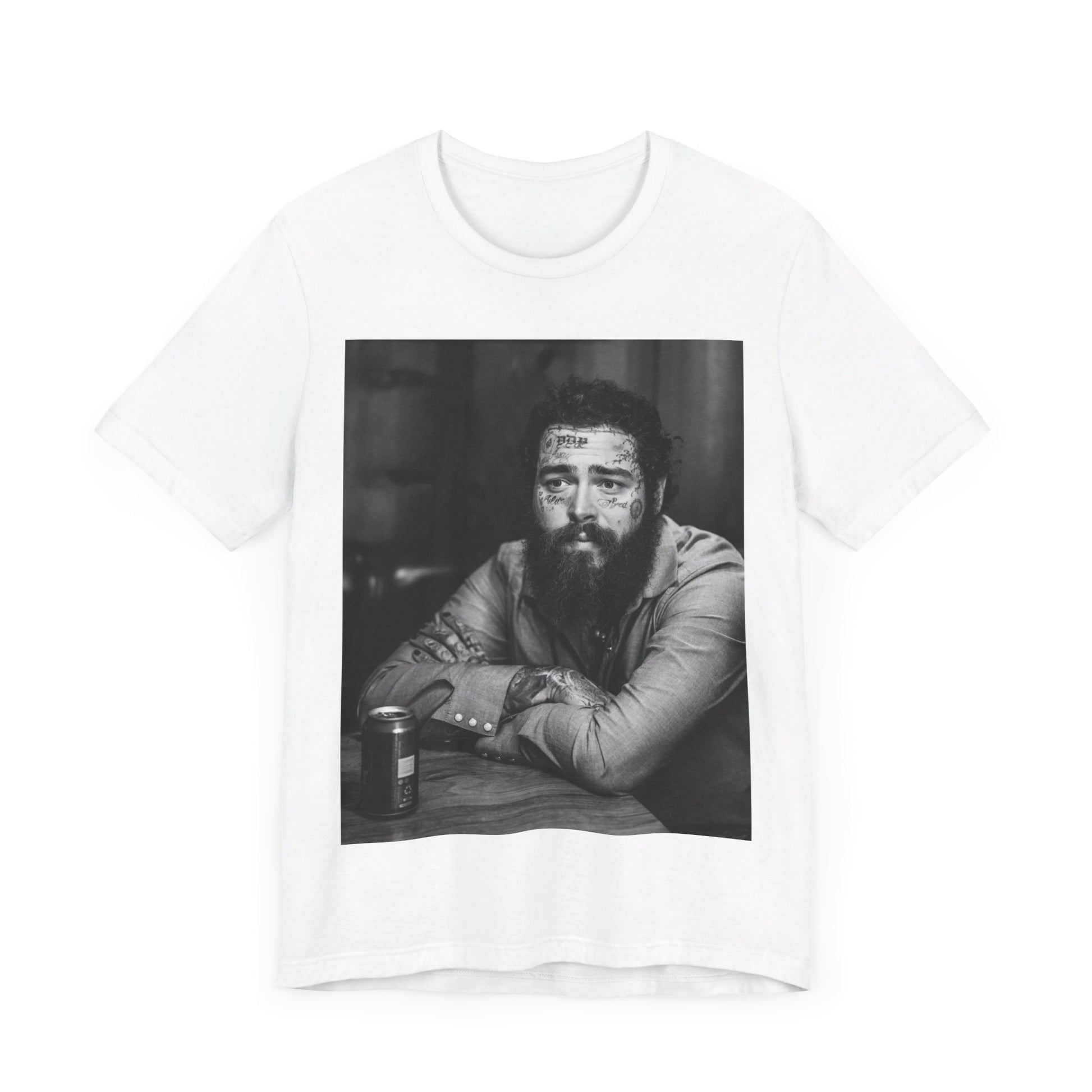 A black graphic t-shirt featuring a black and white, monochrome graphic or photo of Post Malone.