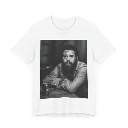 A black graphic t-shirt featuring a black and white, monochrome graphic or photo of Post Malone.