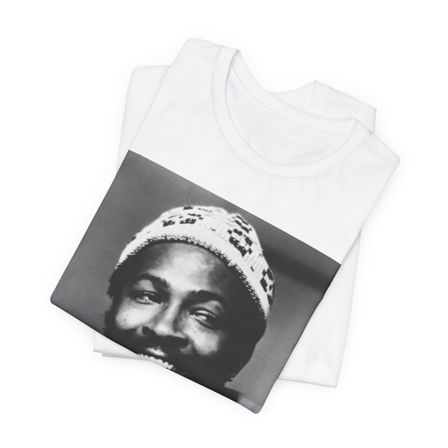 A black graphic t-shirt featuring a 70s retro portrait graphic of Marvin Gaye.