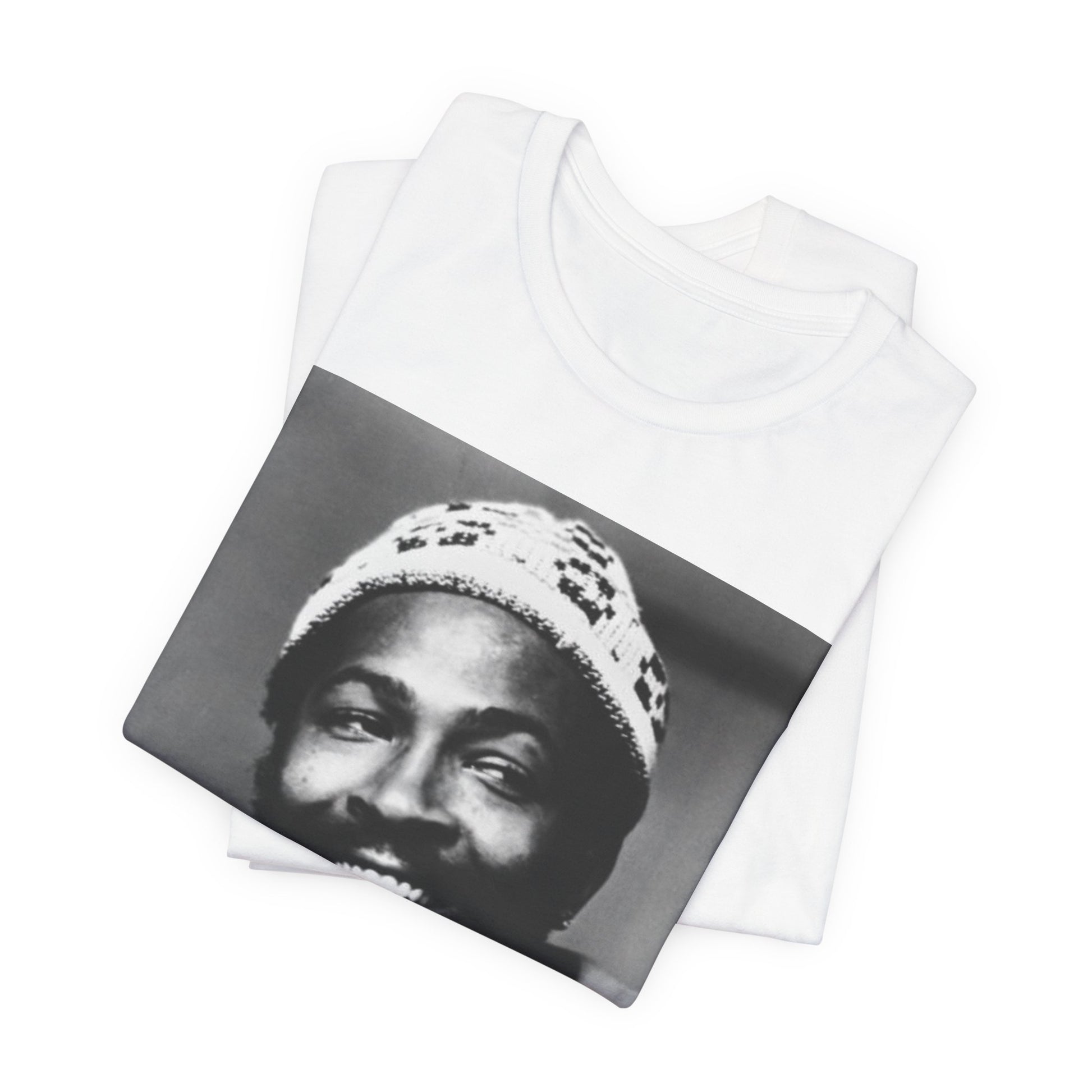 A black graphic t-shirt featuring a 70s retro portrait graphic of Marvin Gaye.