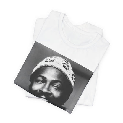 A black graphic t-shirt featuring a 70s retro portrait graphic of Marvin Gaye.