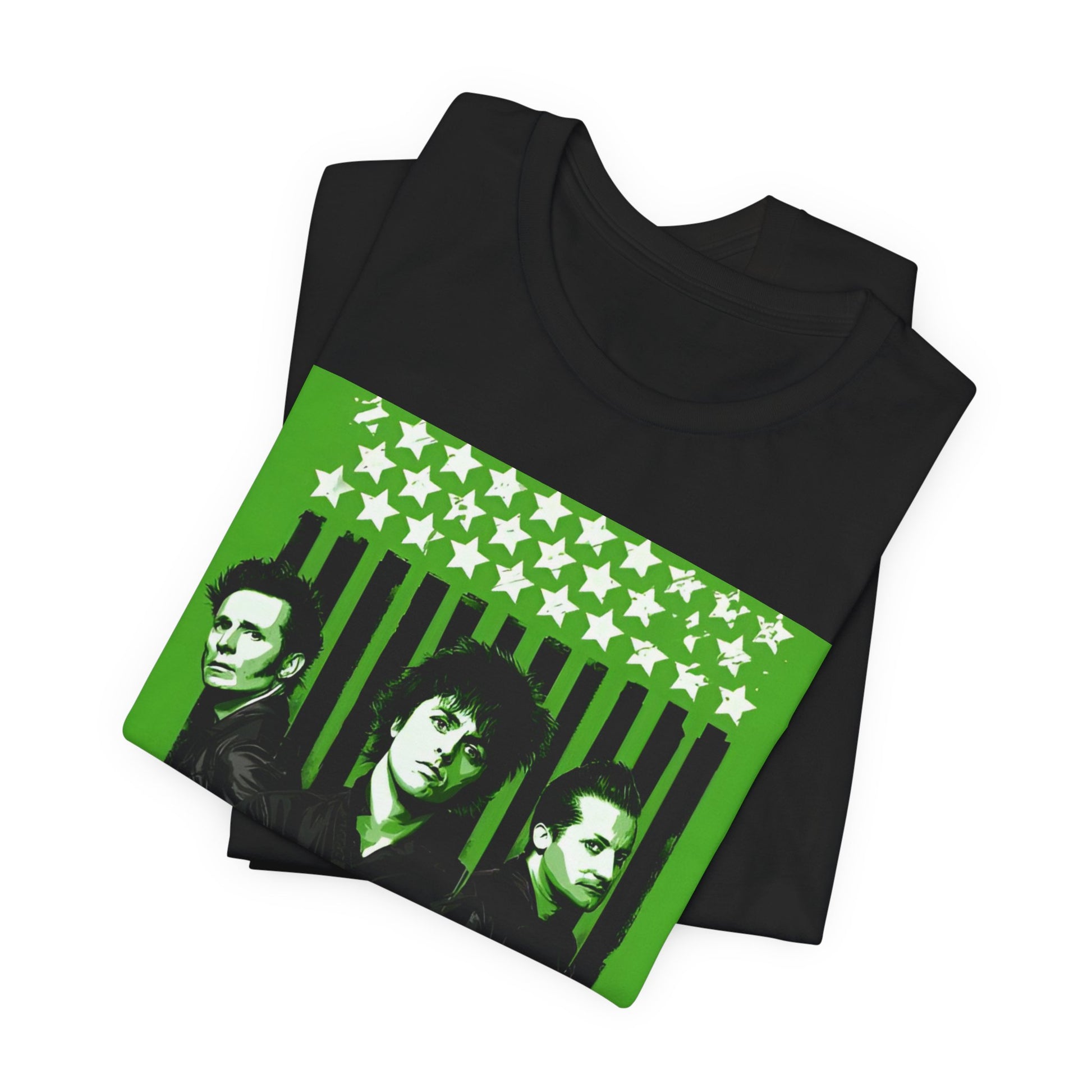 A black graphic t-shirt featuring a retro graphic of Green Day related to their 'American Idiot' album.