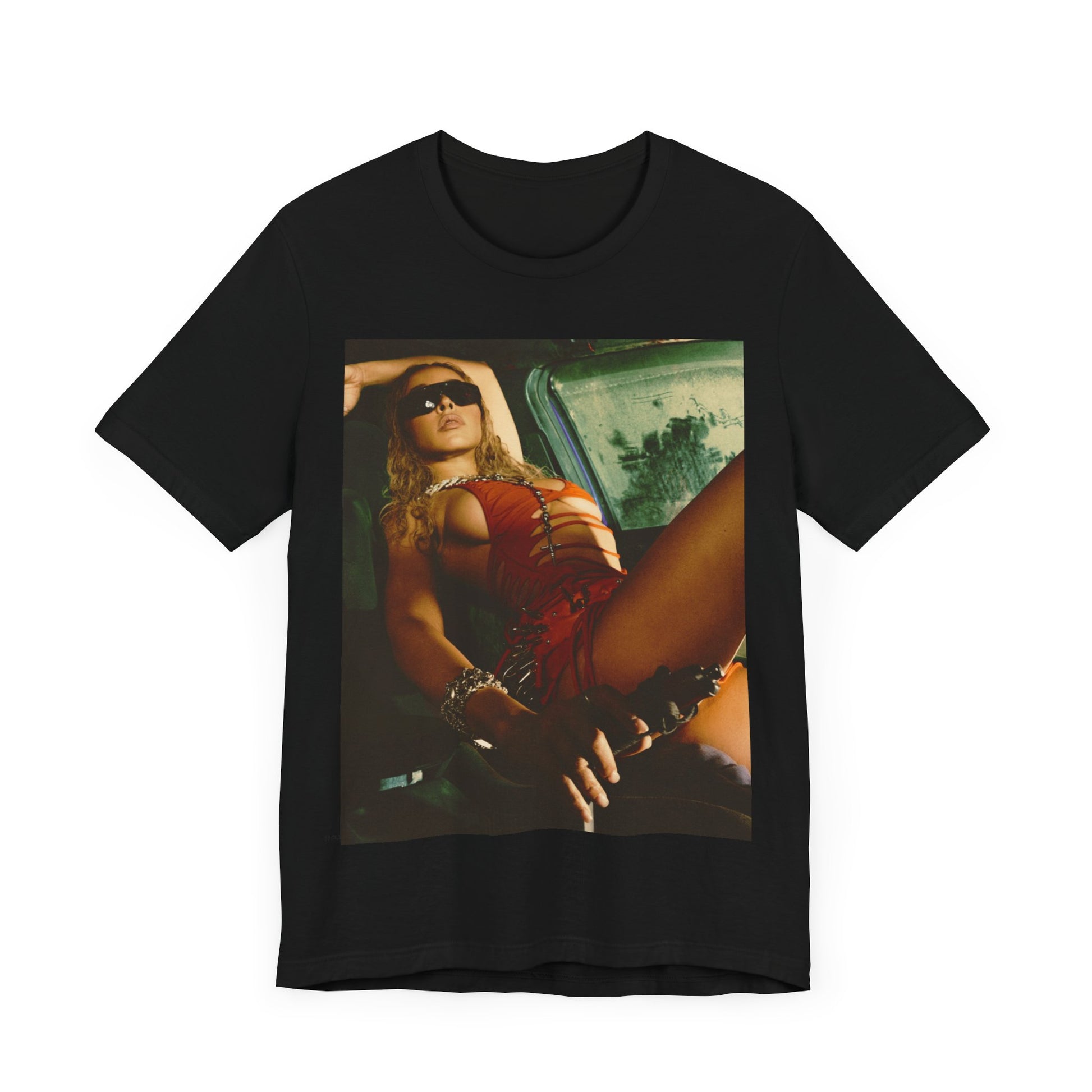A black graphic t-shirt featuring a graphic of Tinashe as a hot R&B superstar.