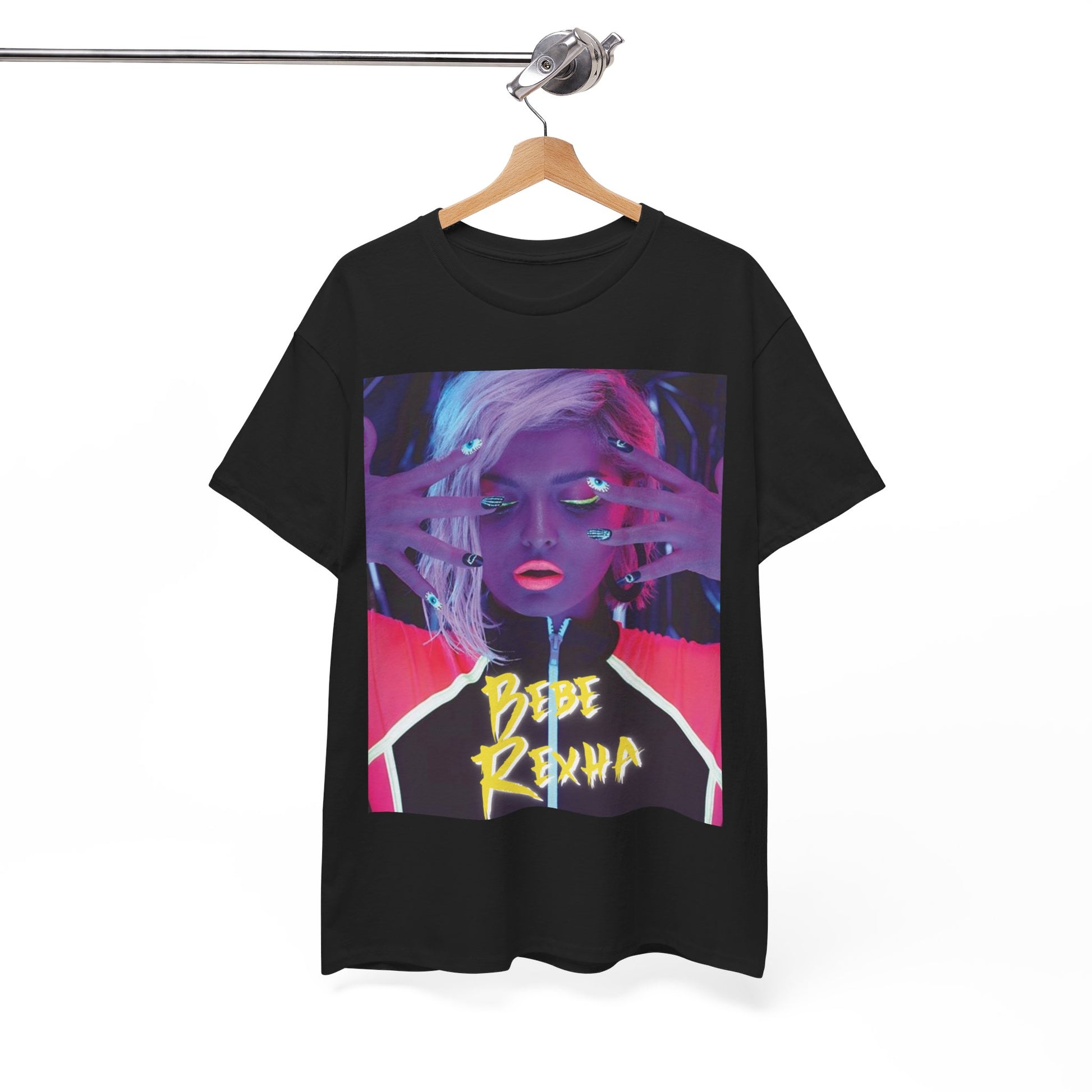 A black graphic t-shirt featuring a stylized graphic of Bebe Rexha, designed with a modern pop aesthetic.