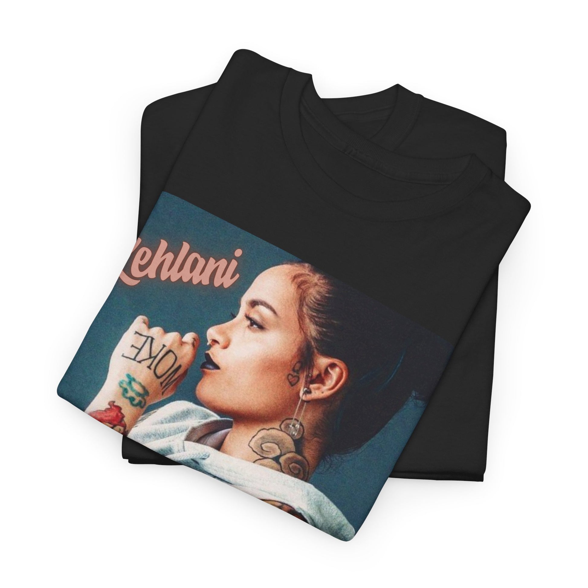 A black graphic t-shirt featuring a graphic related to Kehlani's 'Gangsta' song from the Suicide Squad era.