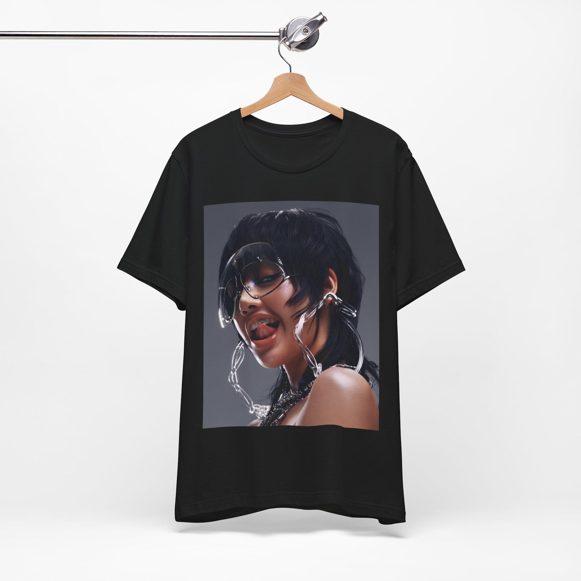 A black graphic t-shirt featuring a vintage K-Pop icon graphic of Lisa.