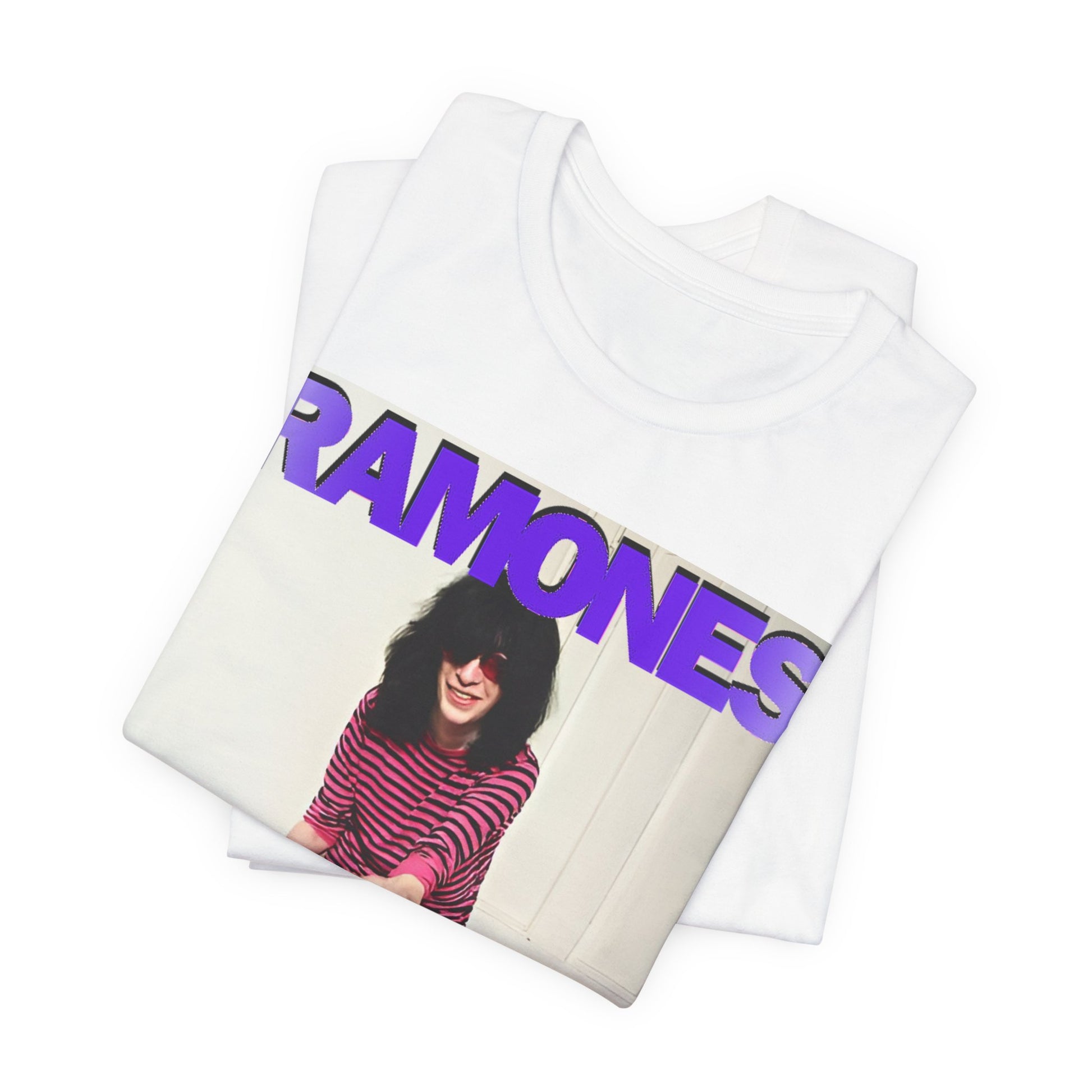 A black graphic t-shirt featuring a casual punk fan graphic of the Ramones.
