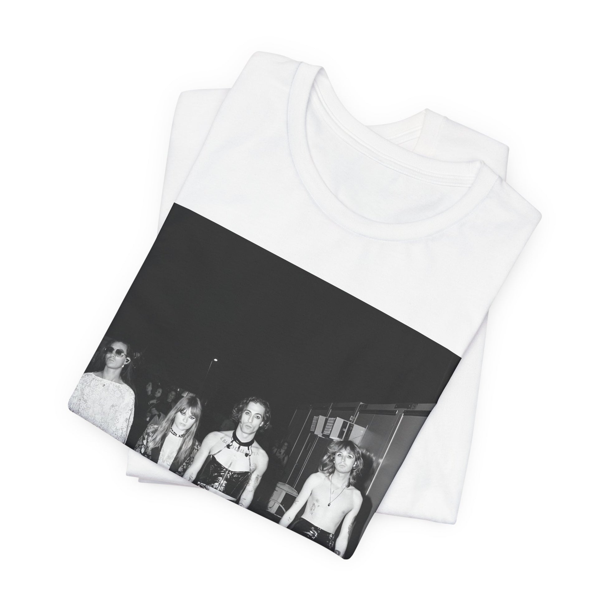 A black graphic t-shirt featuring a black and white, monochrome graphic or photo of Maneskin.
