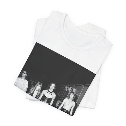 A black graphic t-shirt featuring a black and white, monochrome graphic or photo of Maneskin.